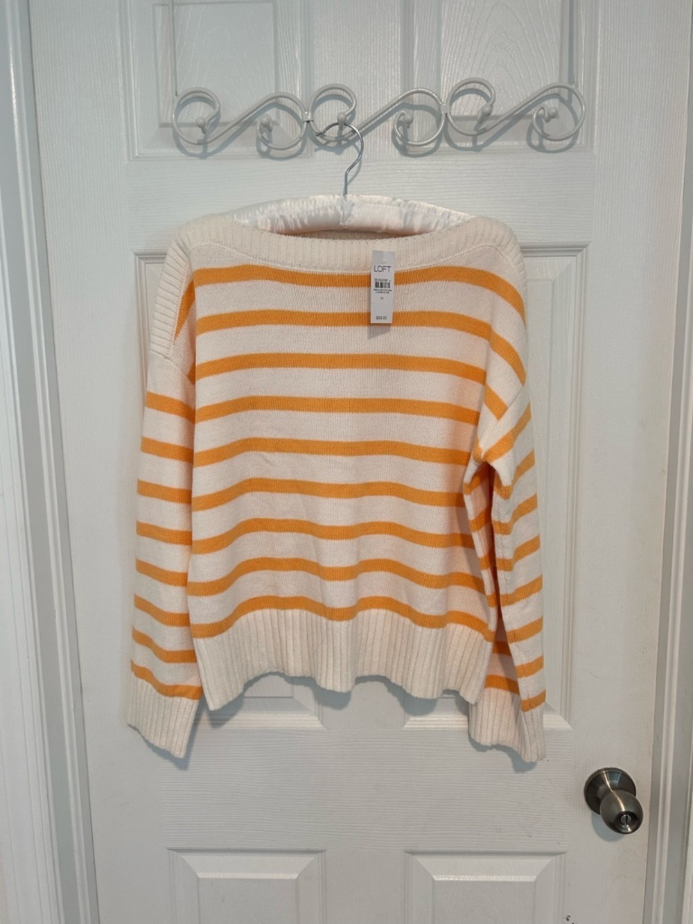 NWT LOFT Cream and Yellow Striped Boat Neck Sweater Chunky Size M